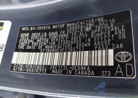 2015 Toyota Corolla Le из США, поврежденный, VIN 2T1BURHE4FC365751